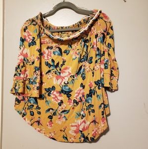 Yellow Floral Quarter Sleeve Off the Shoulder Top